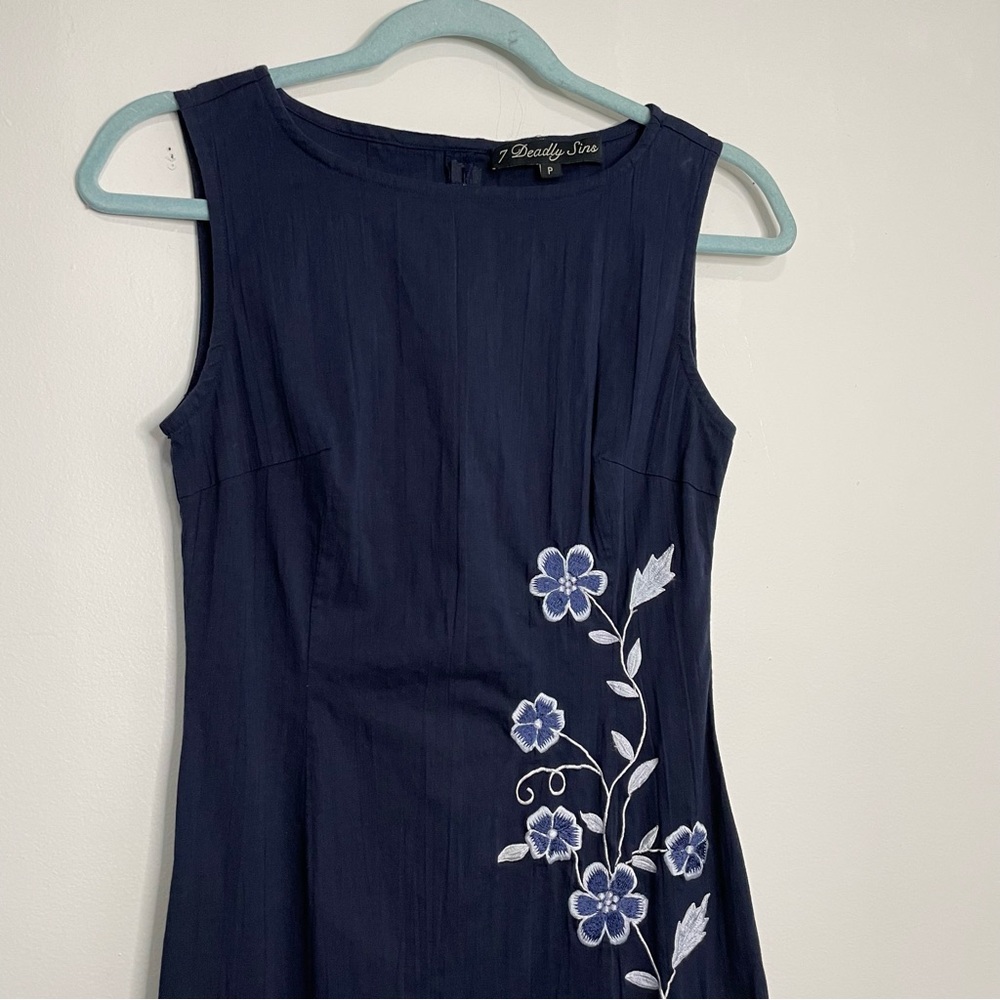 Y2K 90s Anthropologie Blue Embroidered Floral Shift Midi Dress Petite S 6P